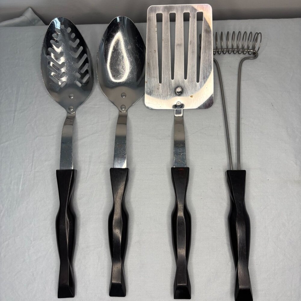 CUTCO Lot X4 Whisk Turner Slotted Spoon & Spoon Black Handle Vintage Stainless